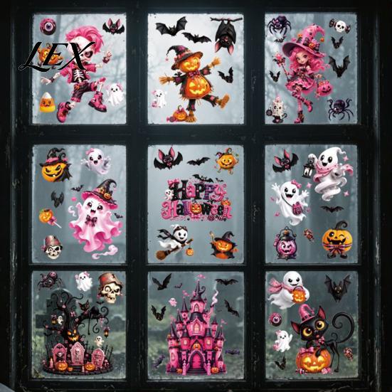 Easy Apply Halloween Window Ornaments 9 Pcs Pink Static Clings, Cute Skull Witch Castle Bat Pumpkin Festive Glass Decorations for Classroom