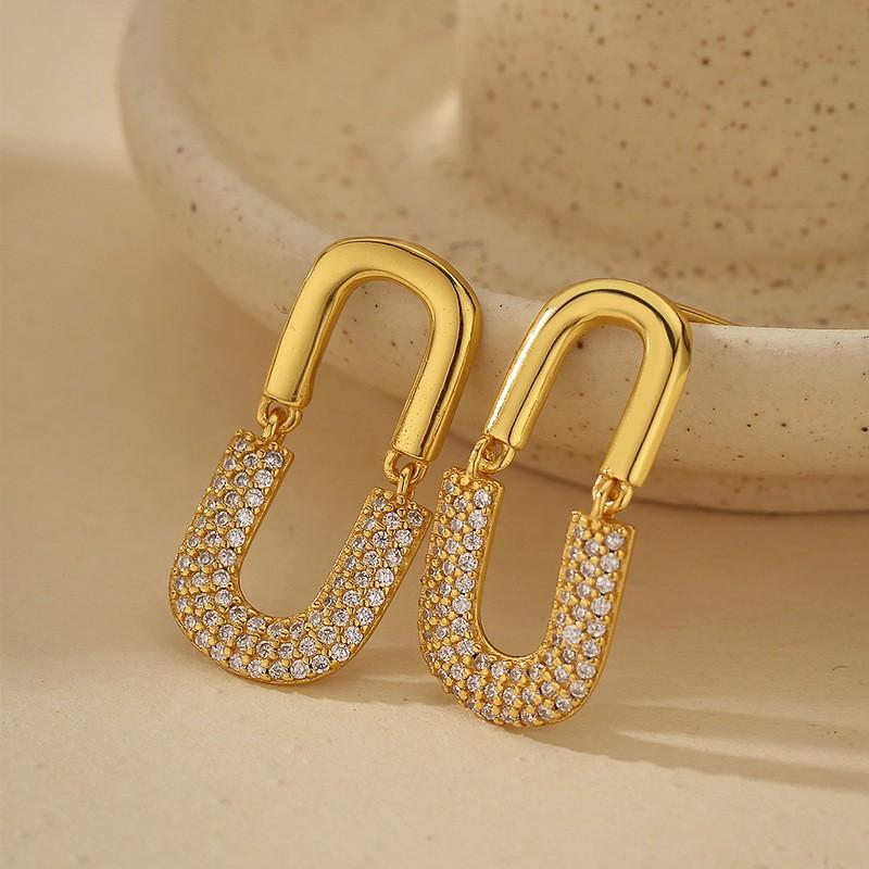 U-Shaped Stud Earrings With Full Crystal Pave Oval Design Sterling Gold Plated Minimalist Chic Women