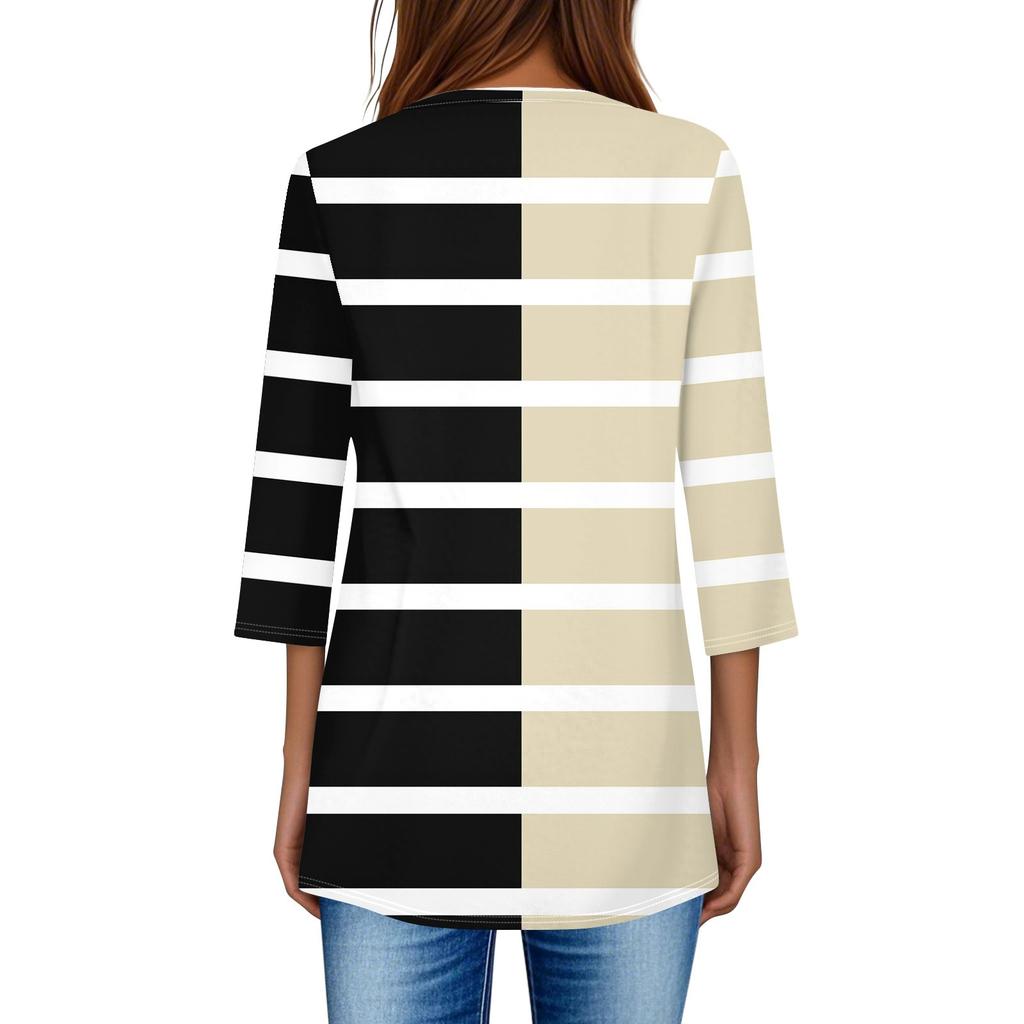 3/4 Sleeve Pocket Tops For Women T-Shirt Casual Print Mid-length Tops T Shirt Round Neck Pullover  Blouse