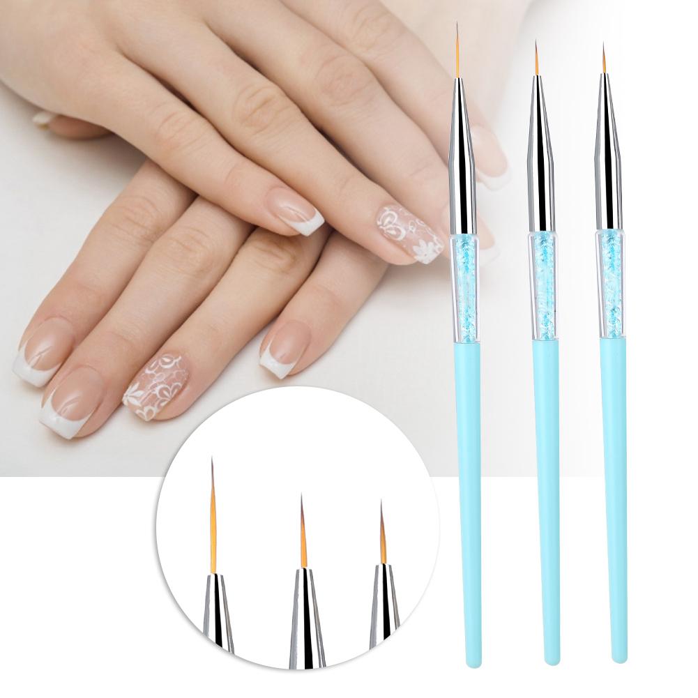 3pcs Nail Art Dotting Liner Brush UV Gel Painting Pen Drawing Tool Set Rhinestone Handle (Blue)