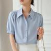Синяя рубашка с короткими рукавами, женская летняя рубашка с V-образным вырезом, профессиональный темперамент, формальное платье, свободный топ с рукавами-фонариками
