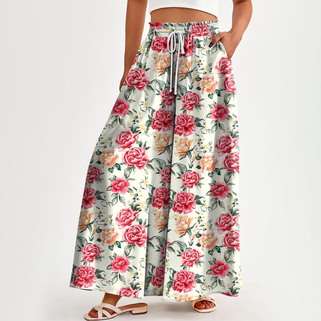 Женские брюки с высокой талией, широкие, повседневные, струящиеся брюки-палаццо, брюки с цветочным принтом и карманом