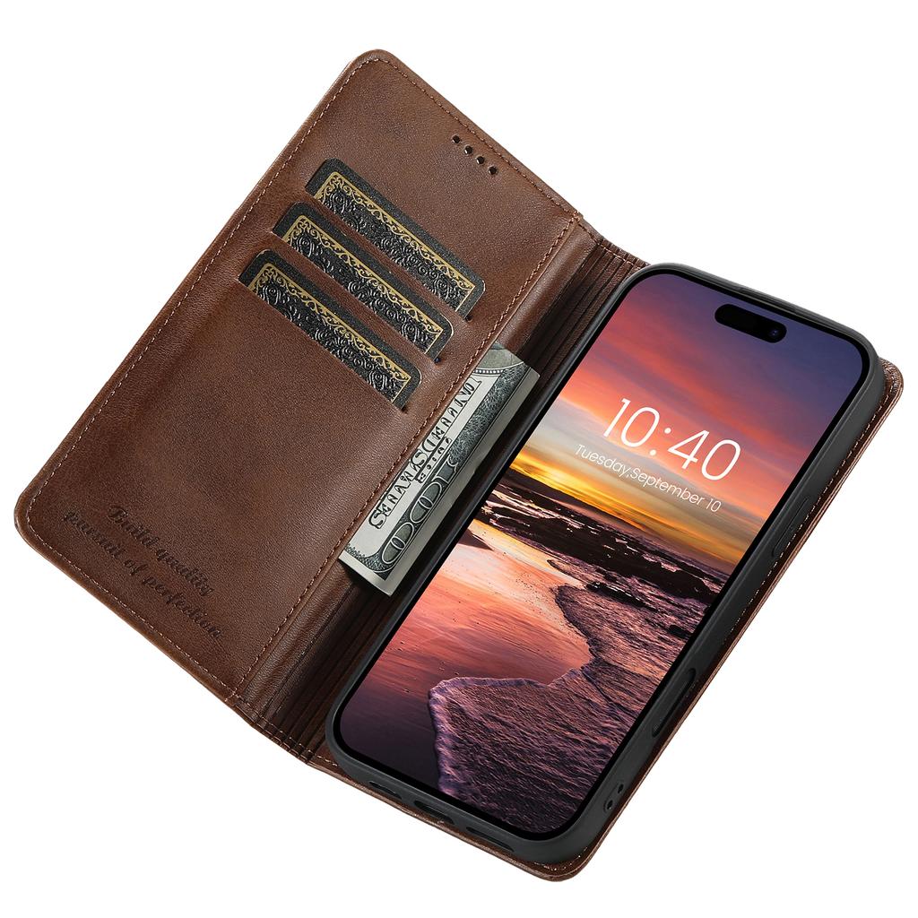 SUTENI For iPhone 16 Case PU Leather Wallet Stand Magnetic Closing Phone Cover - Brown