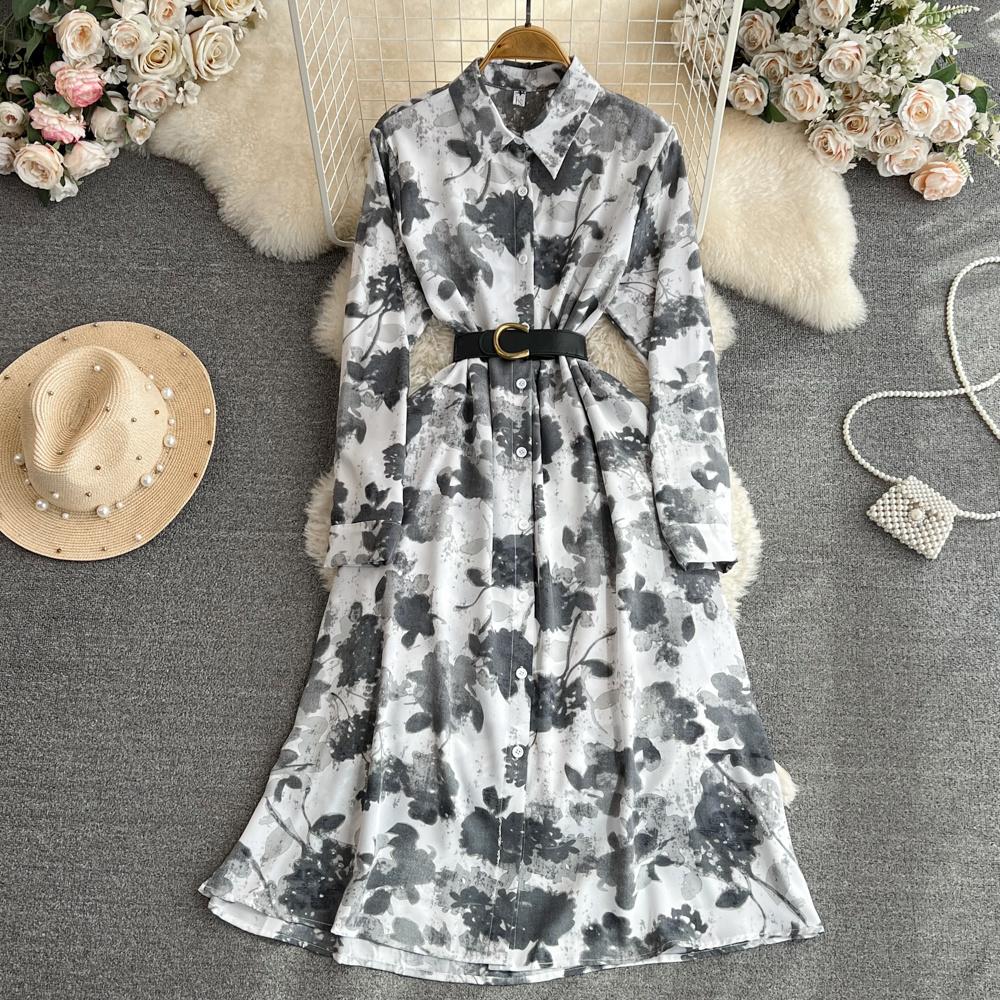 Новое осеннее модное женское платье с цветочным принтом, однобортное однобортное трапециевидное платье с отложным воротником и длинными рукавами, винтажные вечерние платья миди