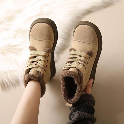 Женские флисовые зимние ботинки на пушистой платформе, с круглым носком, на плоском каблуке, повседневные универсальные ботильоны