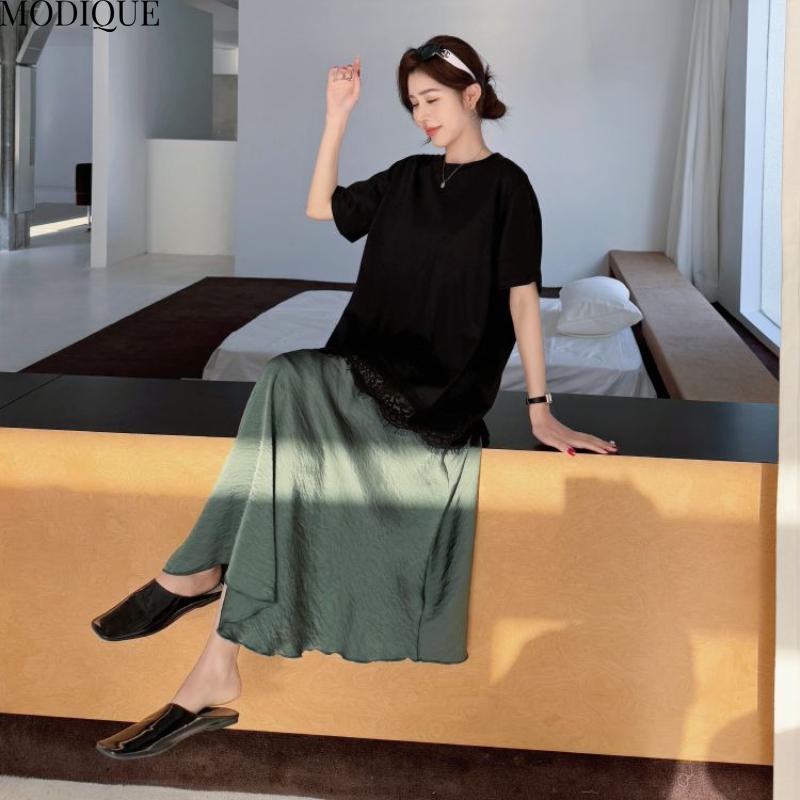 MODIQUE Summer Plus Size New Women Loose Elegant Printing Lace Pleated Patchwork Long Dress Female Casual Short Sleeve O-Neck Dresses