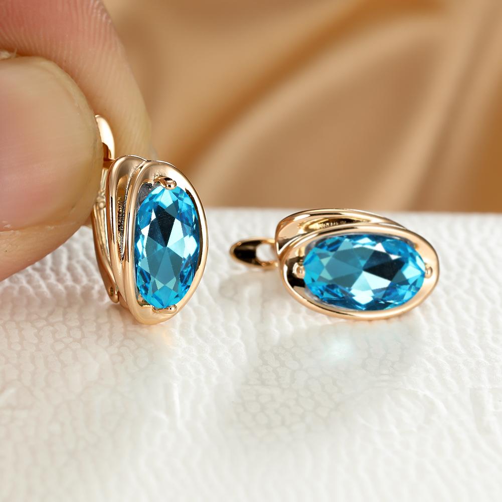 Luxury Gold Color Clip On Earrings Oval Cut Aqua Blue Stone Earrings Drop Dangle Hook Earrings Jewelry