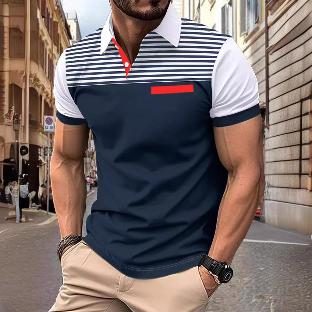 Летняя мужская повседневная рубашка-поло с коротким рукавом и принтом в полоску с фальшивыми карманами и лацканами