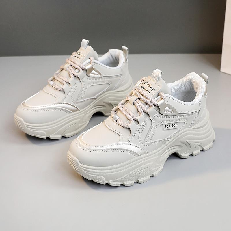 2024 Spring White Platform Women's Sneakers Thick-soled Height-added Sports Shoes Lace-Up Thick Bottom Vulcanize Shoes Ladies