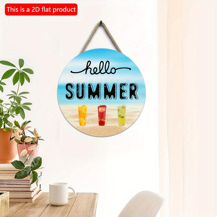2D Flat 20*20cm 1pc Cool Hello Summer Wall Hanging Decor, Ocean Beach scenery&Cool Fruit Tea Pattern Round Wood Art Plaques, Terrific Door Sign for