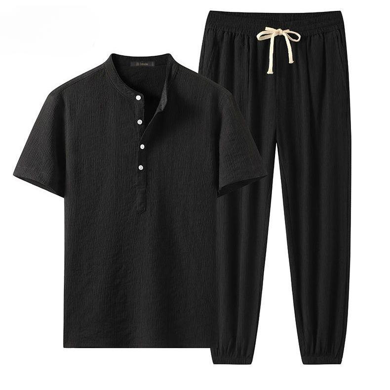 Льняной костюм с короткими рукавами, мужской летний тонкий шелковый свободный дышащий повседневный костюм из двух частей