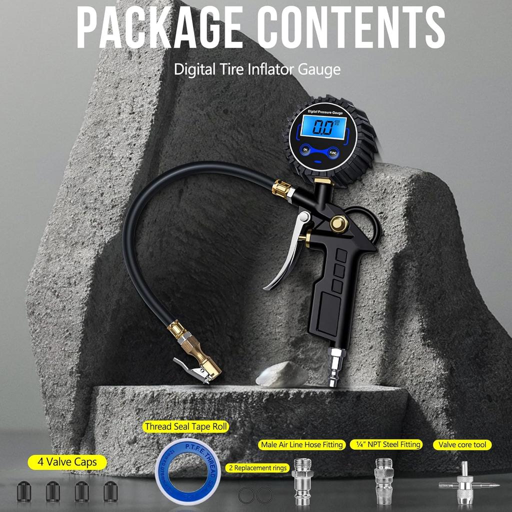 Digital Tire Pressure Gauge with Inflator, Air Compressor Accessories with Air Chuck Quick Connect Coupler, Car Attachments with Rubber Hose for Car,