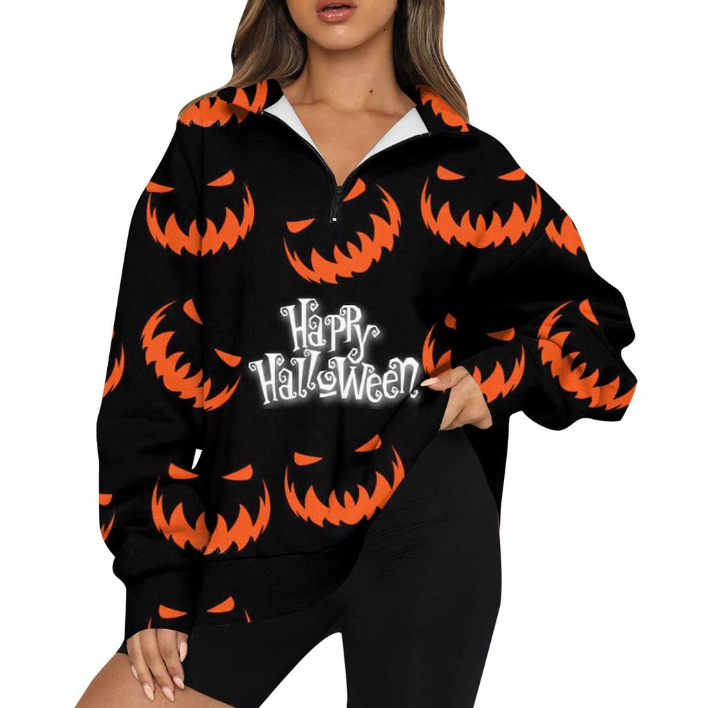 Women's Fashion Casual Long Sleeve Halloween Printed Zipper Turtleneck Drop Shoulder Sweatshirt Top