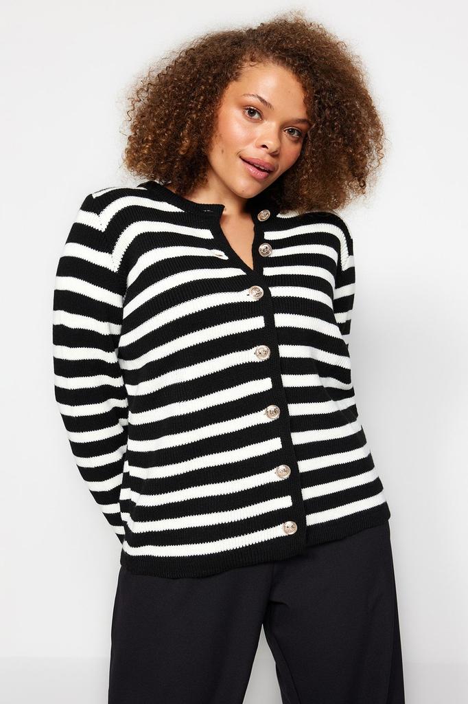 Women's Fashion Stylish Plus Size Cardigan Black Striped Knitwear Cardigan