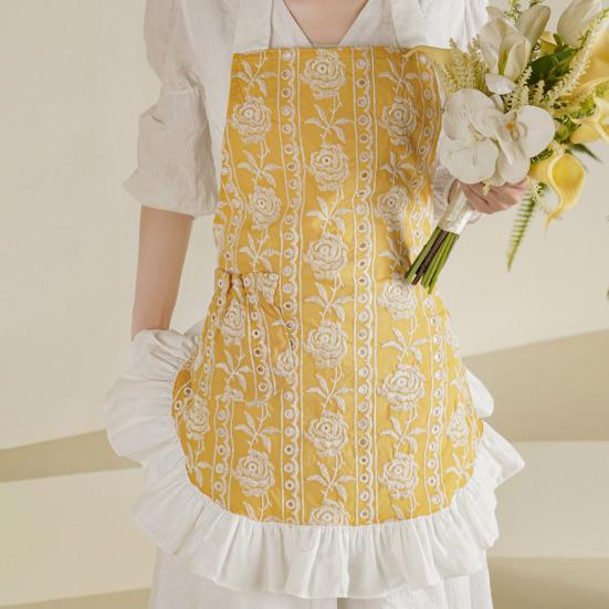 Женский кухонный фартук с карманами и капюшоном, хлопковый фартук с цветочной вышивкой, легкий дышащий фартук для готовки, кулинарный фартук в винтажном стиле с кружевными оборками