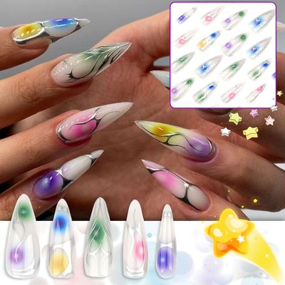 Женский красочный длинный заостренный накладной маникюр - серебристый пламенный носимый типс(Клей 2мл)