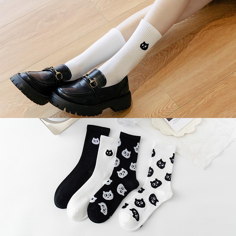 Women's Mid-Tube Cotton Socks - Black & White Japanese Embroidered Design for Autumn/Winter