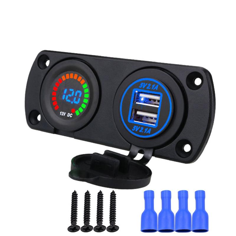Панель с 2 отверстиями, 4,2 А, двойное зарядное устройство USB, Водонепроницаемый вольтметр 12 В постоянного тока, цветной экран, светодиодный цифровой дисплей для авто, грузовика, квадроцикла, лодки