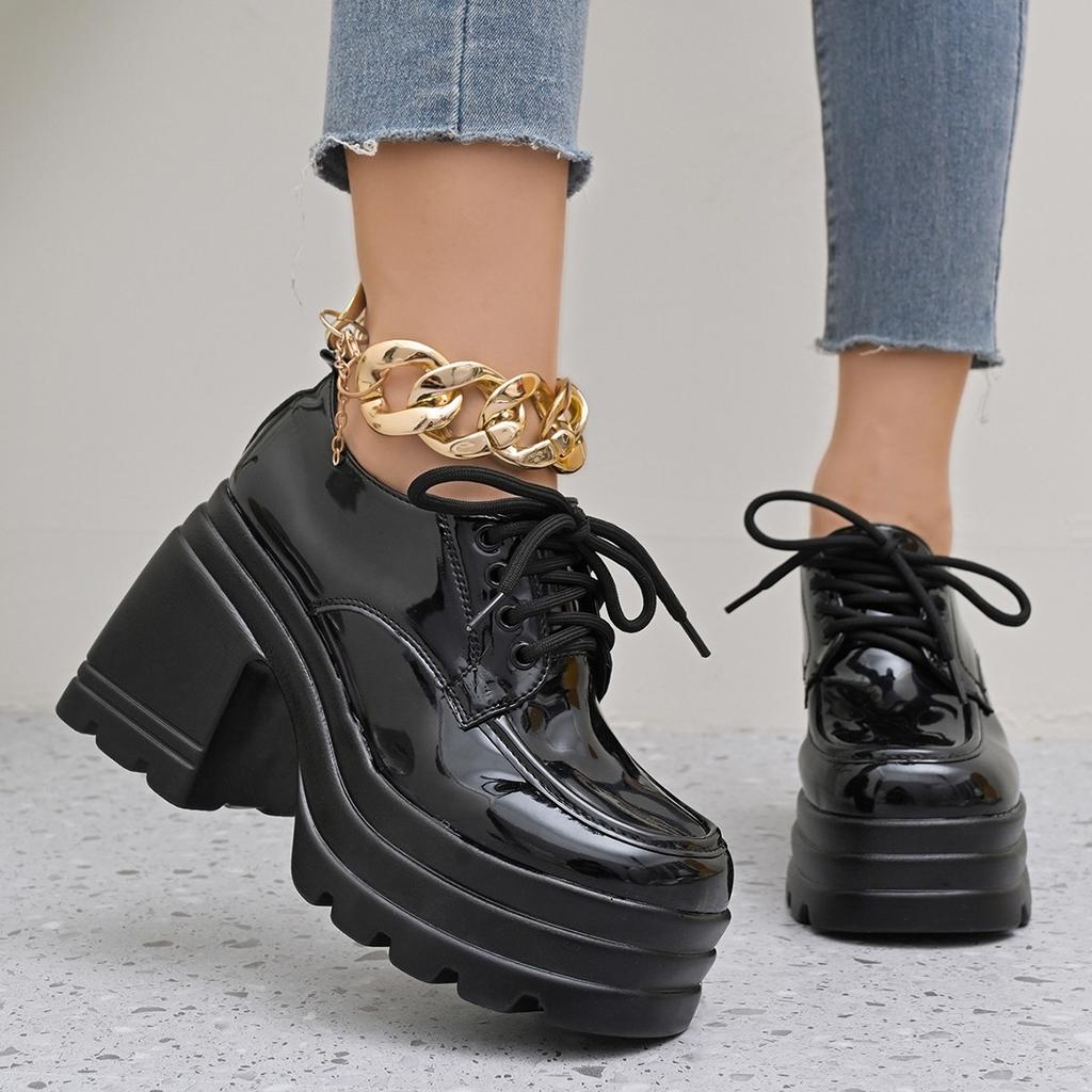 Summer New Foreign Trade Large Size Thick-soled Waterproof Table Thick Heel Temperament Versatile High Heel Single Shoes Lace-up Small Leather Shoes