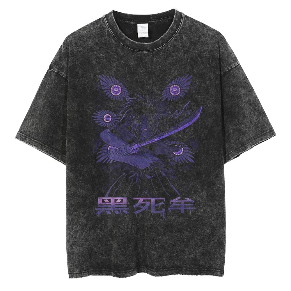 Hot Anime Demon Slayer Kokushibo Graphic Print Washed T Shirt Men Vintage Cotton Tshirts Manga Casual Tee Harajuku Male T-shirt