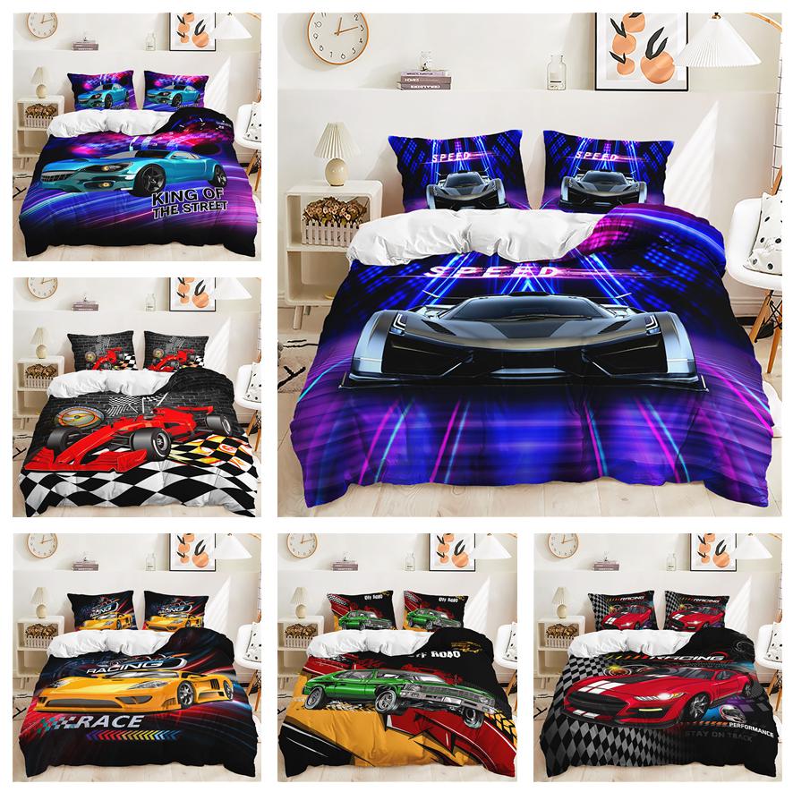 Комплект постельного белья для дома с 3D-гоночным узором, пуховый пододеяльник суперкара, комплект постельного белья для комнаты мальчика, полноразмерная односпальная/двуспальная кровать EU135 * 200, домашнее украшение