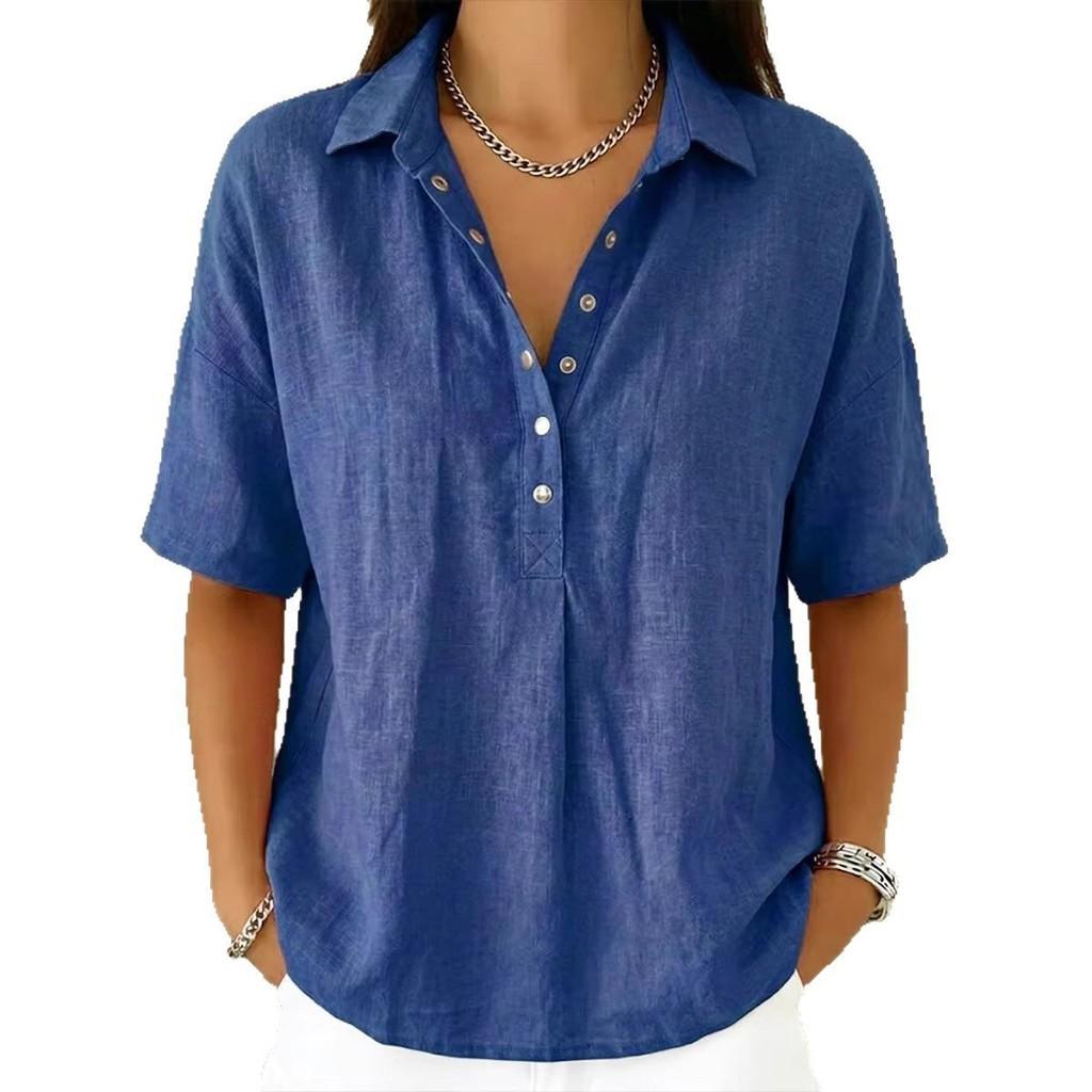 Casual Linen Shirt For Women With Turndown Collar And Short Sleeves For Summer Comfort