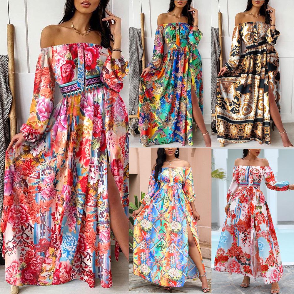 2025 V-Neck Retro Long Sleeve Printed Evening Dress - Spring/Summer Collection