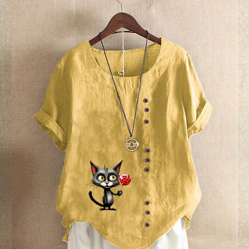 Women's Fashion Cute Cat Prined Short Sleeve T-shirt Loose Cotton Shirt Casual Loose Summer Blouse Tops Plus Size