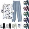 Women's Summer Half Sleeve Printed Tops Elastic Waist Nine Piece Pants Two Piece Set
