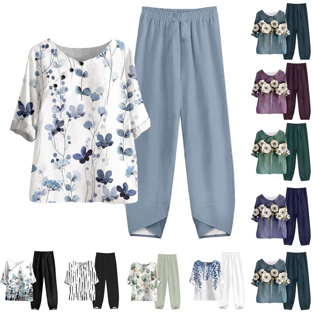 Women's Summer Half Sleeve Printed Tops Elastic Waist Nine Piece Pants Two Piece Set