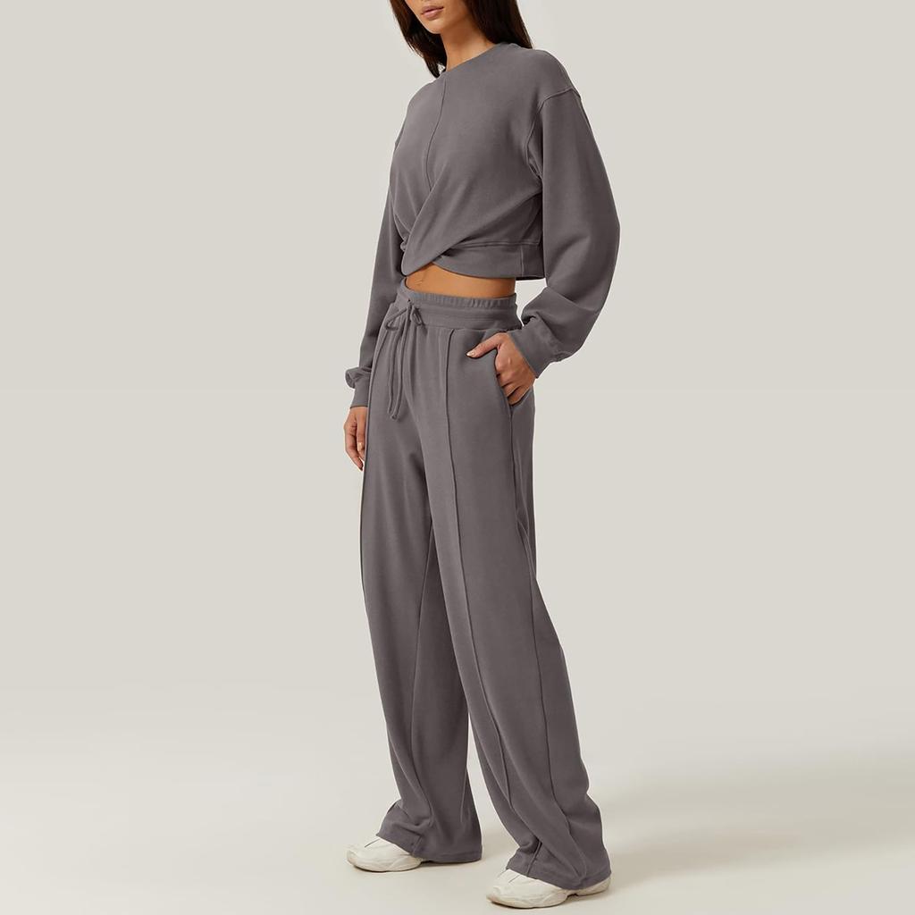 Женский комплект из 2 предметов, комплект спортивного костюма, укороченная спереди толстовка, комплект спортивных штанов с широкими штанинами