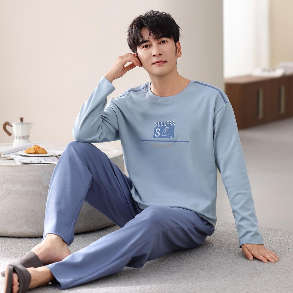 Pajamas Men'S Autumn Thin Cotton Long Sleeve Spring And Autumn Simple Wear Loungewear Suit