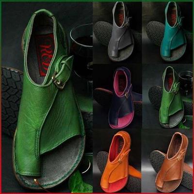 Летние модные женские сандалии больших размеров с пряжкой в ​​стиле ретро, ​​однотонные туфли на плоской подошве, женские туфли