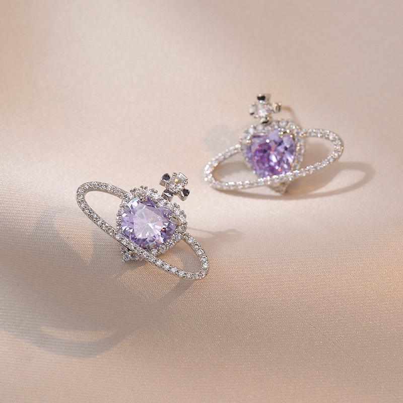 Фиолетовое Сердце Планета Кулон Ожерелье Серьги Комплект Ювелирных Изделий для Женщин Мода Цирконий Свадьба Помолвка Ювелирные Аксессуары Аксессуары