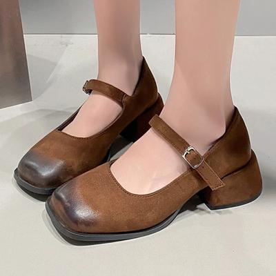 Модная женская обувь на распродаже 2024 Высокое качество Квадратный носок Женские туфли-лодочки Осень Пряжка Смешанные цвета Платье Массивный каблук Обувь с мелким вырезом
