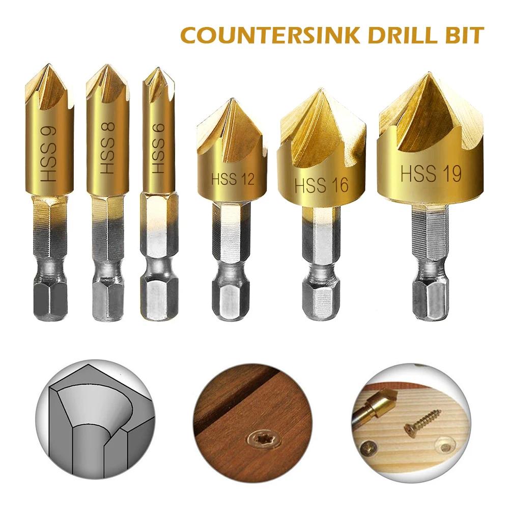 6Pcs Hexagonal Handle Conical Countersink 90 Degrees Conical Countersink Drill Bit Coated for Metal with Hex Shank Wood 6-19mm