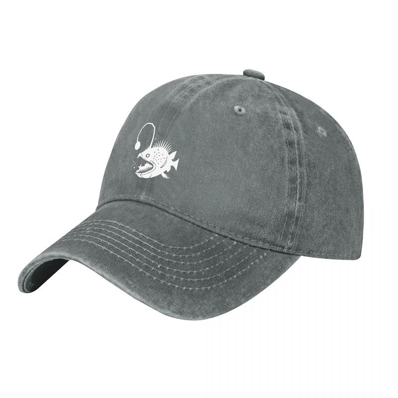 Angler Fish Design Washed Cotton Baseball Cap Dark Gray Embroidered Sea Creature Pattern Adjustable Dad Hat