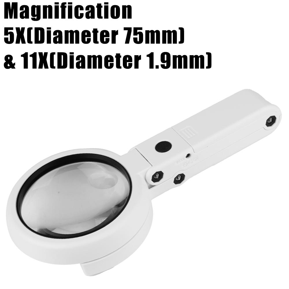 Stand Desk for Jewelry Appraisal Reading Repair with 8 LED Light Portable Hand-held Magnifying Glass Foldable Hand Tool Set 5x 11x