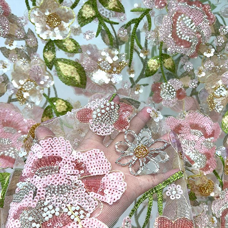 Floral Embroidery Fabric Thin Tulle Lace Wedding Dress Diy Fabric Chic Sequin Flower Embroidered Beads Clothing Accessories