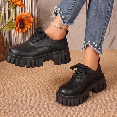 Лоферы 2024 осень новые на толстой подошве шнуровка спереди однотонные с открытым верхом круглый носок большой размер женская модная модель маленькие кожаные туфли