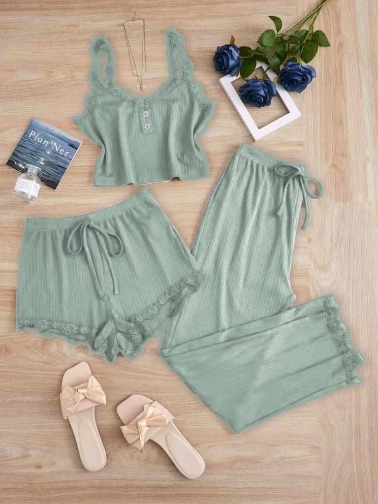 Популярный женский кружевной пижамный комплект: Комплект из трех предметов: шорты, длинные брюки и майка – Сексуальная домашняя одежда