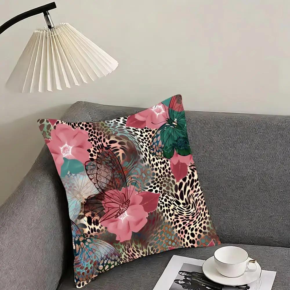 2D Flat Printed Leopard Print Pink Rose Peach Skin Cushion Cover Floral Animal Pillowcase For Sofa Living Room Bed Home Decor
