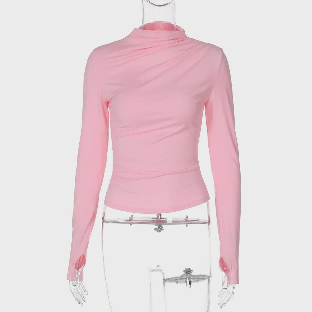 2024 Autumn/Winter Women's Slim Fit Pleated High Collar Long Sleeve Solid Color Fashion Tops