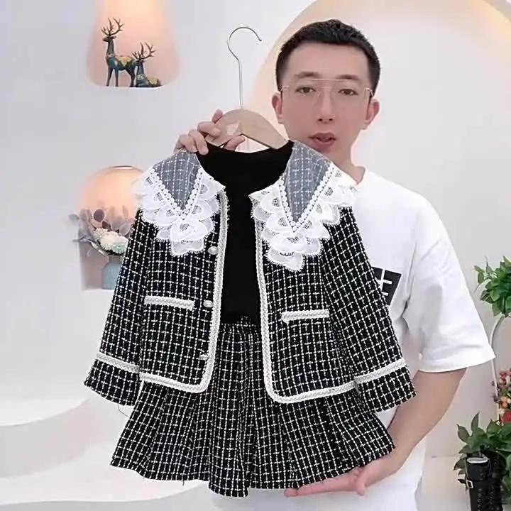 Элегантный осенний комплект для девочек: Кружевной пиджак на пуговицах + юбка, комплект из двух предметов