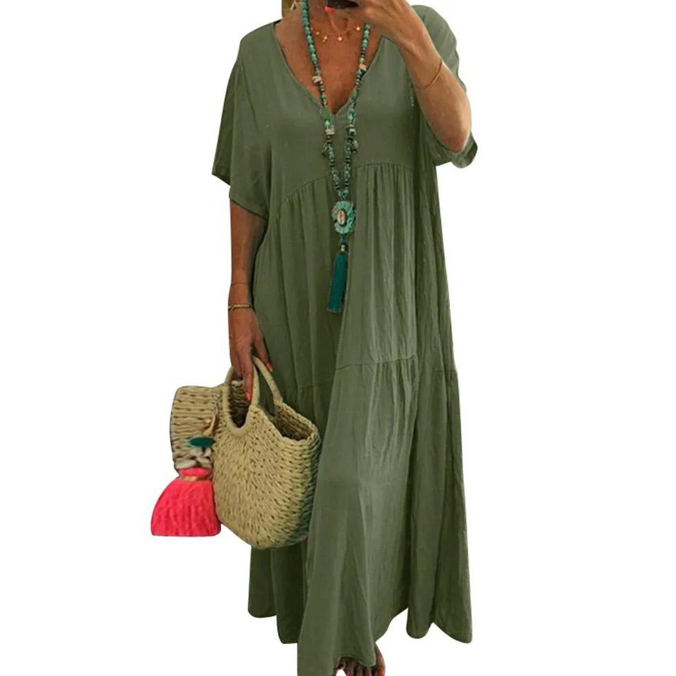 Женское летнее хлопково-льняное платье макси, однотонное, с коротким рукавом, с V-образным вырезом, свободные длинные платья больших размеров