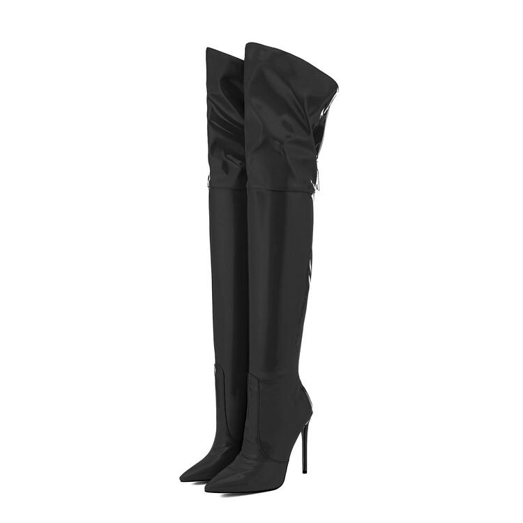 Fashion Size 36-47 Black Brown Leather Over The Knee Boots Women European American Autumn Winter Short Plush 12cm High Heel Long Boots