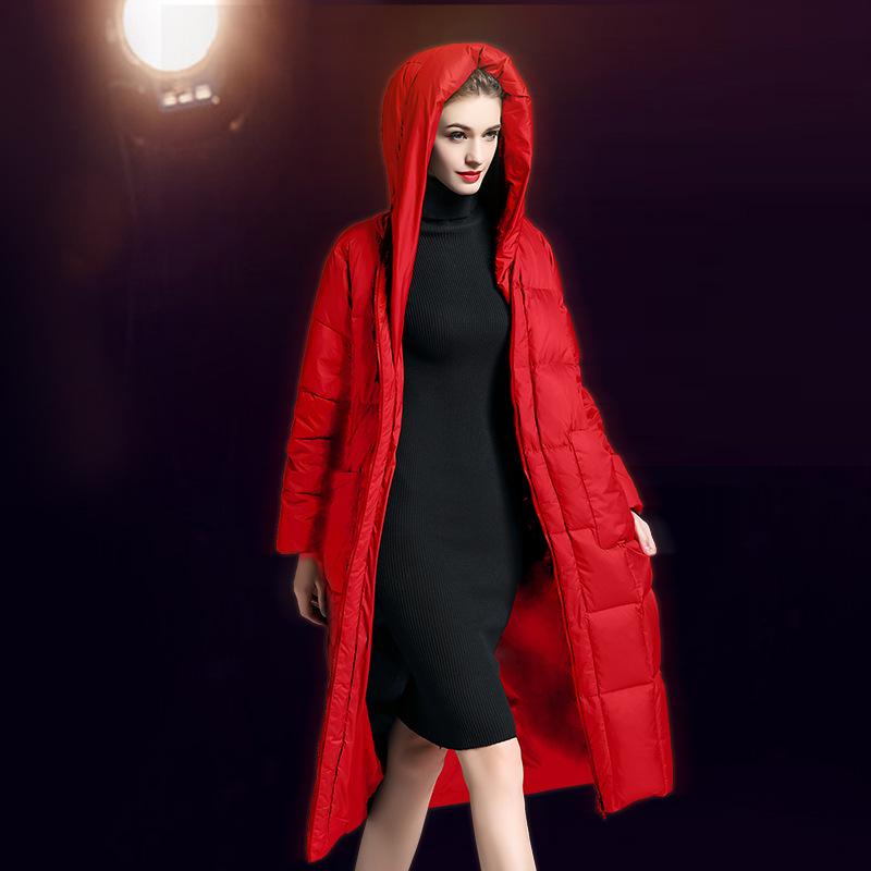 Women's Winter Europe Station Down Jacket Women's Long Over Knee Hooded Loose Thickened Long Slim Down Jacket Tide