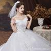 Elegant Off-Shoulder Vintage French Tulle Wedding Dress With Long Train Petite Brides