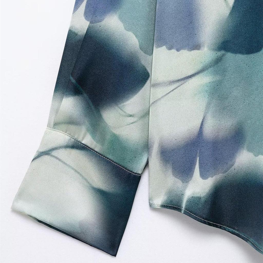 Spring 2025 Women's Fashion Silk Satin Turn-Down Collar Long-Sleeve Printed Shirt