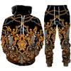 Luxury Golden Floral Print Men's 2 Piece Outfit Retro Baroque Pattern Hoodie/Pants/Set Hip Hop Streetwear Men/Women Jogging Suit
